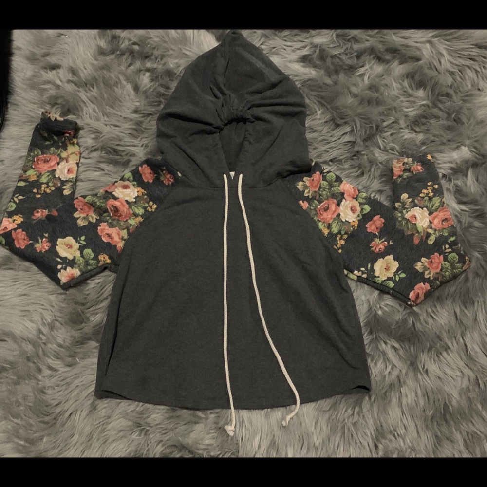 Womens crop top sweater hoodie gray /floral S